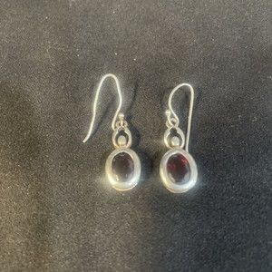 Vintage 925 Sterling Silver & Red Garnet Drop Earrings Dangle Hook
